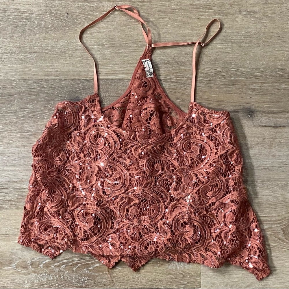 Free People Sequined Spaghetti Cami Top  Rosy Pink Color Women’s Size XS